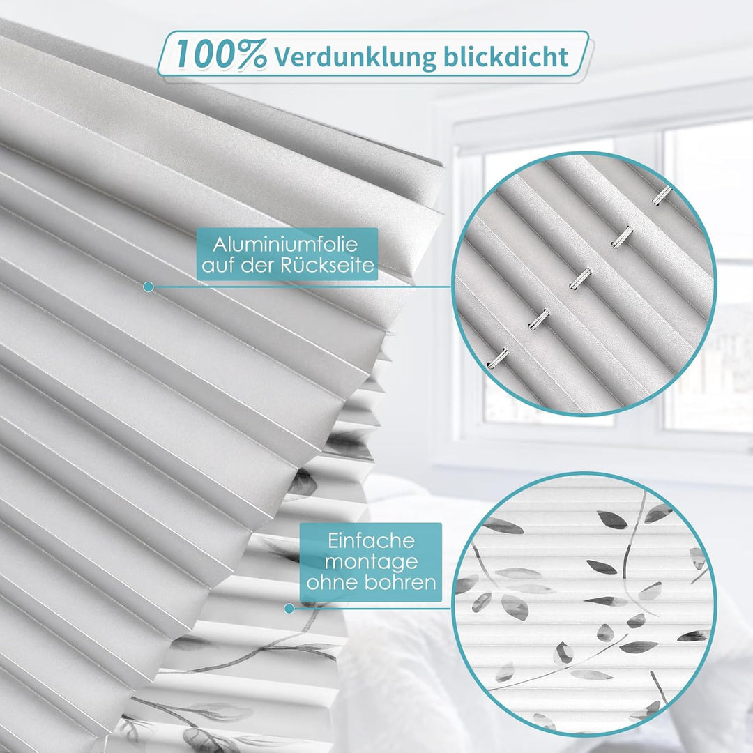HOMEDEMO Plissee ohne Bohren Verdunkelung, Thermo Plisseerollo Klemmfix, 110 x 50 cm (LxB) Weiss mit