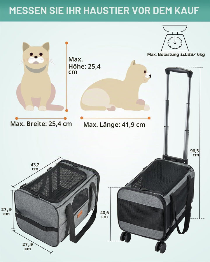 Morpilot Katzentragetasche mit Rädern, von Fluggesellschaften zugelassen, Haustier-Hundetrage mit Rä