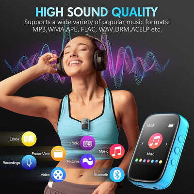 Bluetooth MP3-Player mit 32GB, Tragbarer Musik-Player, Unterstützung für FM-Radio, Sprachaufnahme, E