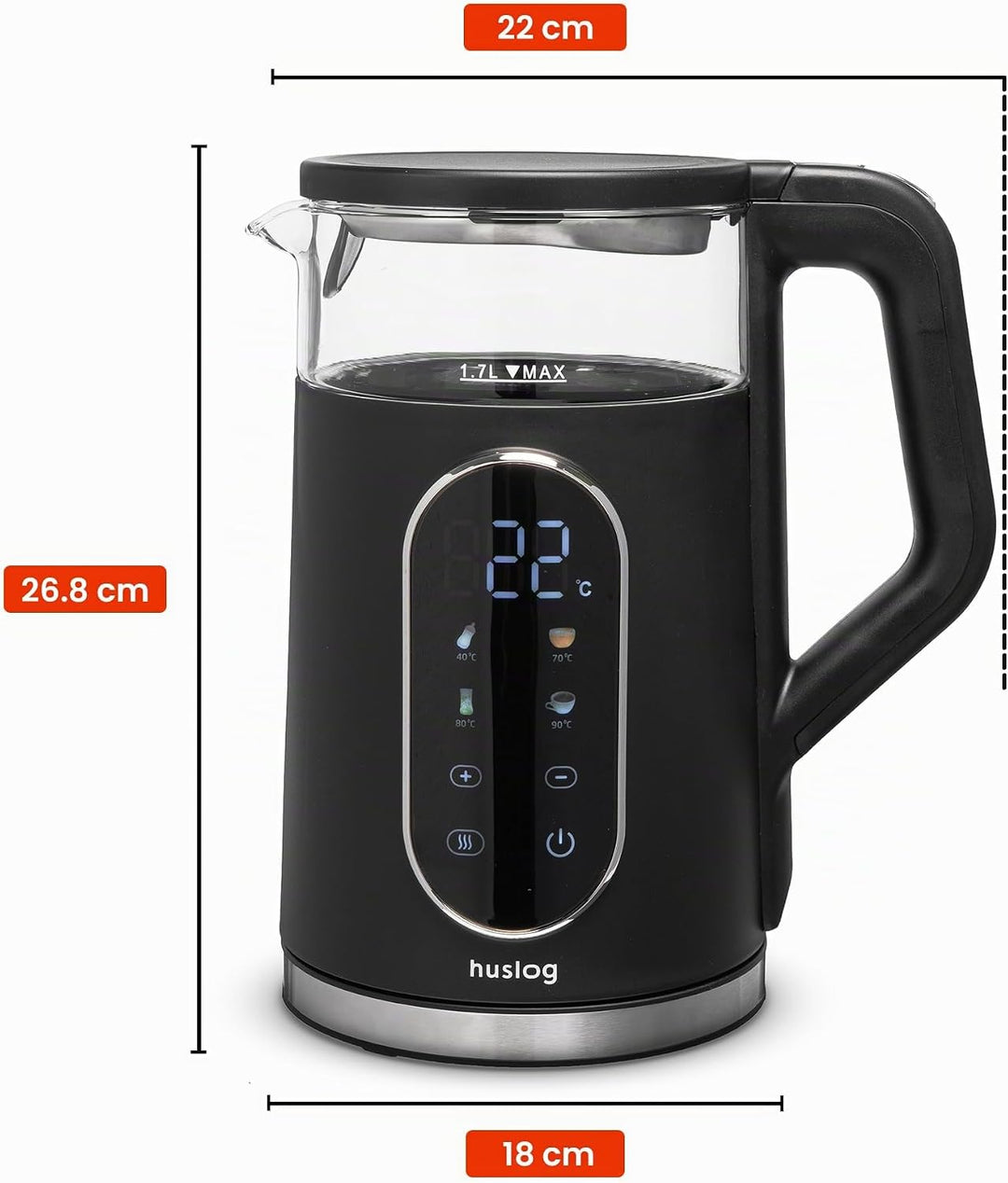 Elektrischer Wasserkocher mit Temperaturanzeige Glas 1,7L 2200W Touchpanel LED Display Warmhaltefunk
