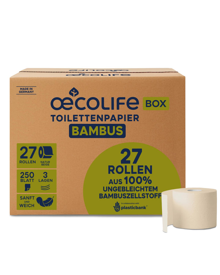 oecolife Toilettenpapier Box BAMBUS, 3-lagig, 27 Rollen á 250 Blatt, Grosspackung, superweich, plast