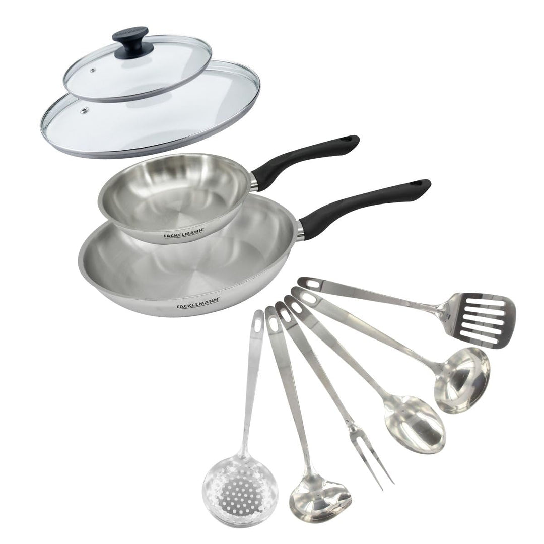 Fackelmann 9445750 Set mit 2 Pfannen 20 und 28 cm aus Edelstahl 18/8, 2 Glasdeckel und 6 Edelstahlut