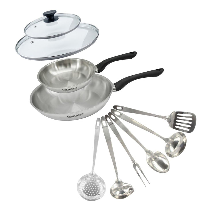 Fackelmann 9445750 Set mit 2 Pfannen 20 und 28 cm aus Edelstahl 18/8, 2 Glasdeckel und 6 Edelstahlut