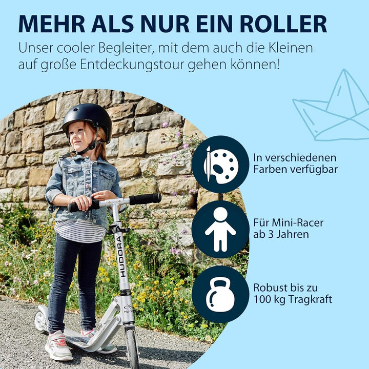 HUDORA Little BigWheel Scooter - Sicherer Aluminium-Roller für Kinder ab 3 Jahren - Höhenverstellbar