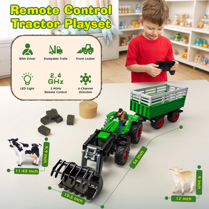 PENGBU RC Ferngesteuerter Traktor mit Anhänger, 2.4 GHz Traktor Ferngesteuert Spielzeug, Kindertrakt
