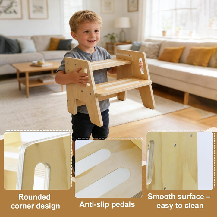 HA BIN Tritthocker Kinder aus Holz, 3-stufig höhenverstellbar, rutschfest mit 2 Griffen & Anti-Rutsc