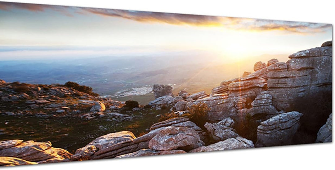 Paul Sinus Art Panoramabild auf Leinwand und Keilrahmen 150x50cm Spanien Gebirge Berge Sonnenstrahle
