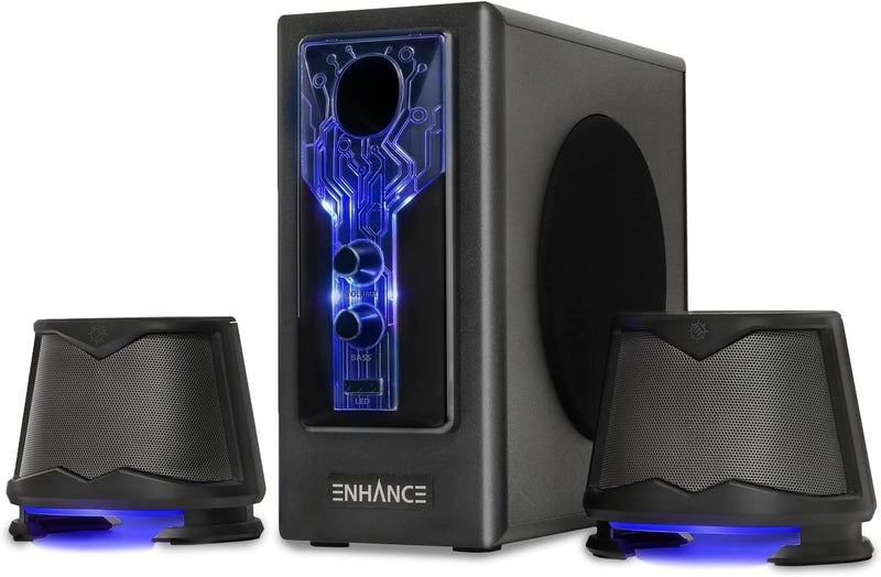 ENHANCE SB 2.1 Computerlautsprecher mit Subwoofer – Blau LED-Gaming-Lautsprecher, High-Excursion-Sou