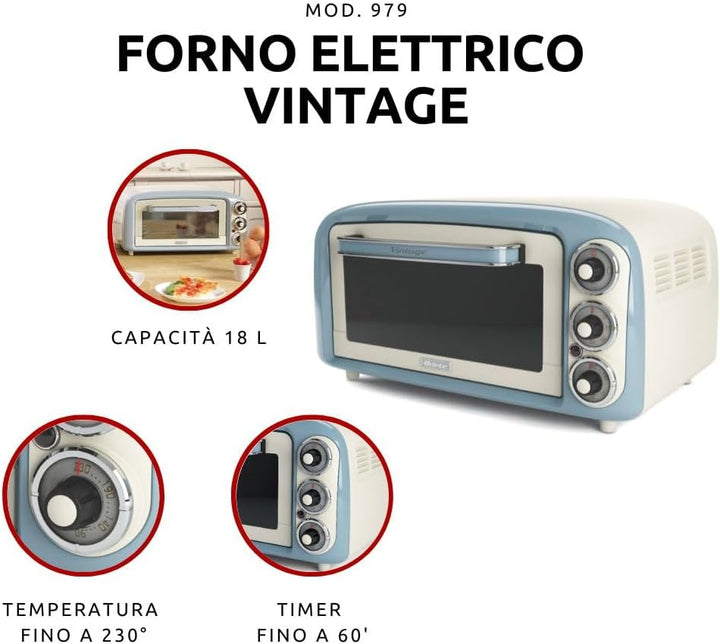 Ariete Vintage-Ofen 979, Retro Elektrobackofen mit 3 Backpositionen, 30 cm Pizzaofen, Max. Temperatu