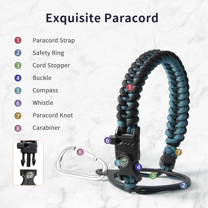 Trebo Isolierte Wasserflasche mit Paracord-Griff, lebensmittelecht, doppelwandig, vakuumiert, Edelst