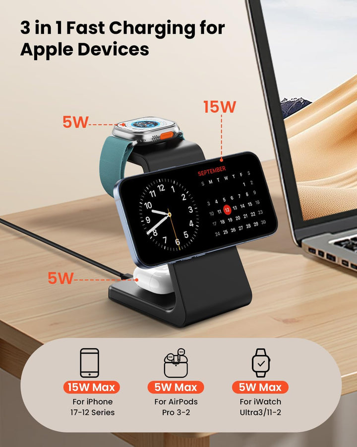 GEEKERA 3-in-1 Ladestation mit MagSafe, Qi2-zertifiziert 15W Schnell Induktive Ladegerät für iPhone