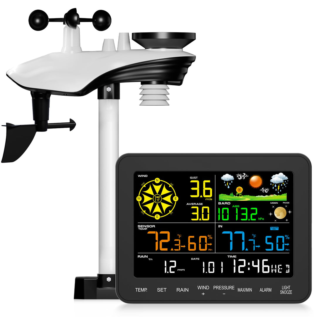 12-in-1 Wetterstation Funk mit Aussensensor, Windmesser, Regenmesser, Barometer, Innen-/Aussentemper