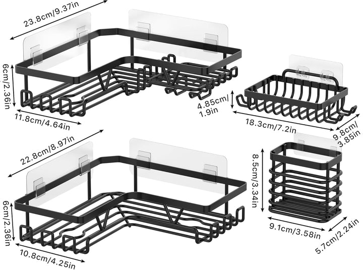 Kegii Duschablage Ecke Schwarz - 4 Stück Edelstahl Duschablage Ohne Bohren mit Seifenschale & Zahnbü