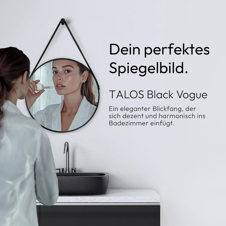 Talos Aufhängegurt in Lederoptik-Spiegel rund mit hochwertigen Aluminiumrahmen, schwarz matt, Ø 50 c