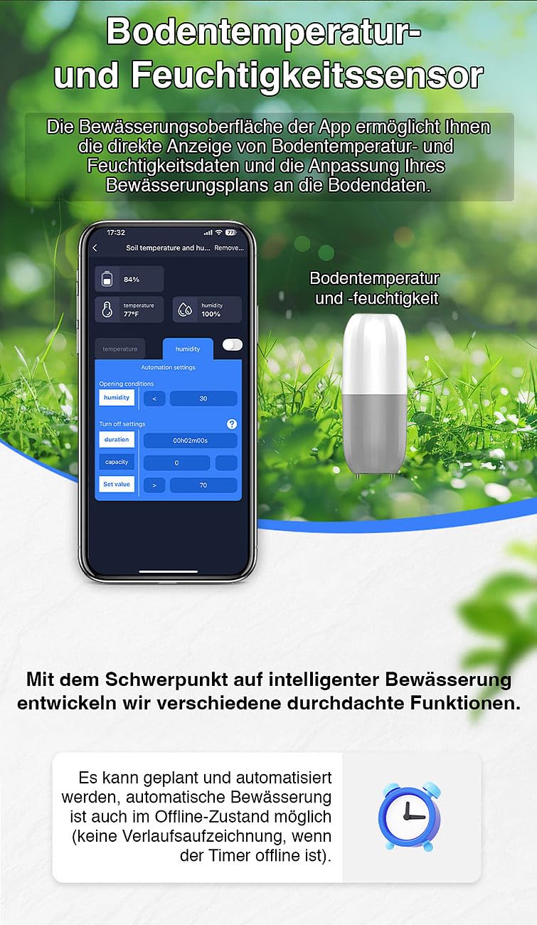 Royal Gardineer Zubehör zu Solarbewässerungssystem: 2in1-Bodenfeuchtigkeits- & Temperatursensor für