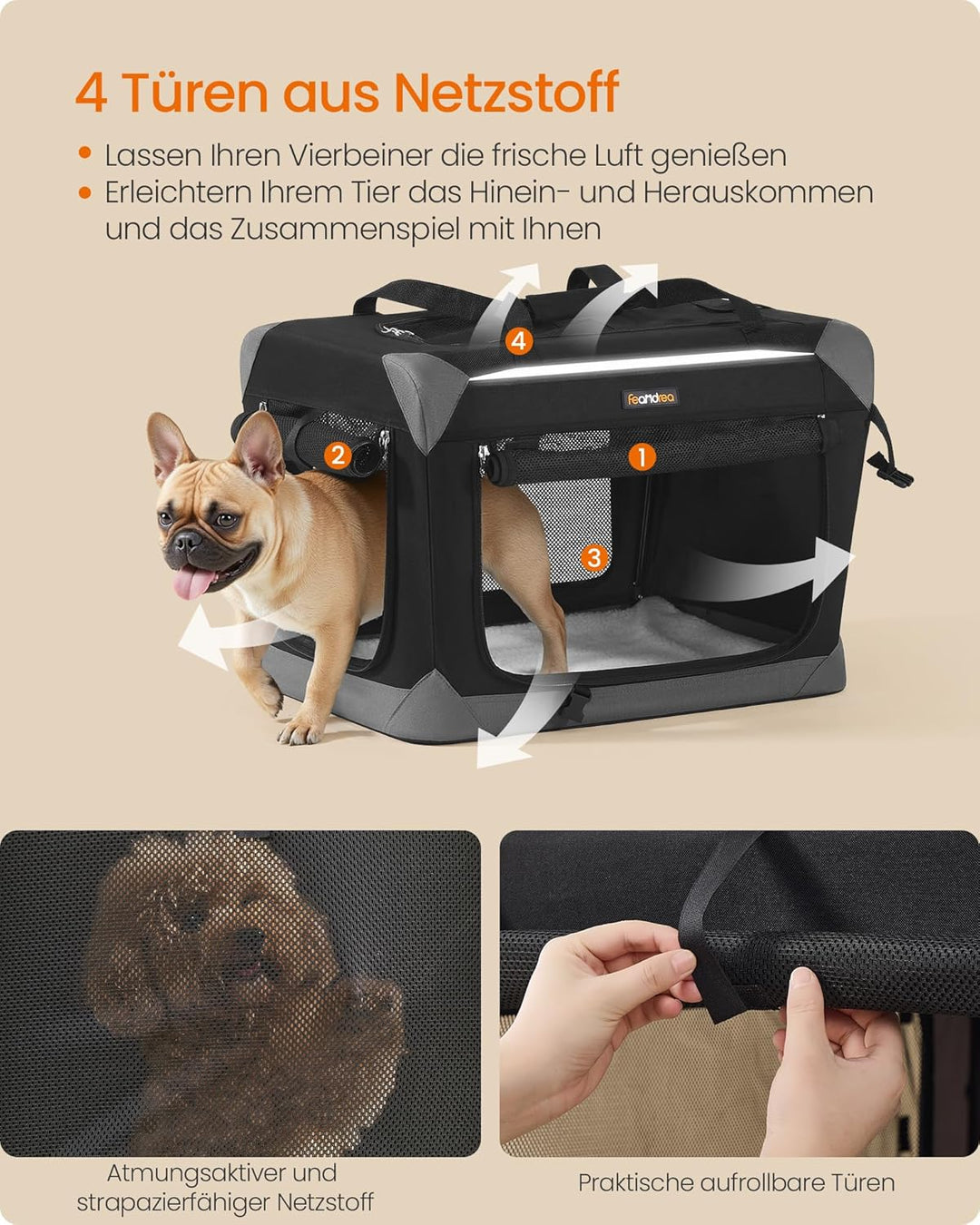 Feandrea Hundebox faltbar, Transportbox, Hundetasche, Oxford-Gewebe, mit 4 Türen aus Netzstoff, Grif