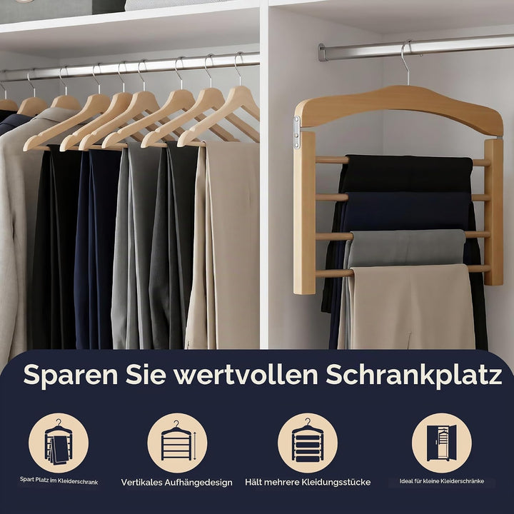 Hangerworld 3 Holz Hosenbügel Mit 4 rutschfesten Hosenstegen 38cm Naturfarben Holz Kleiderbügel, 3