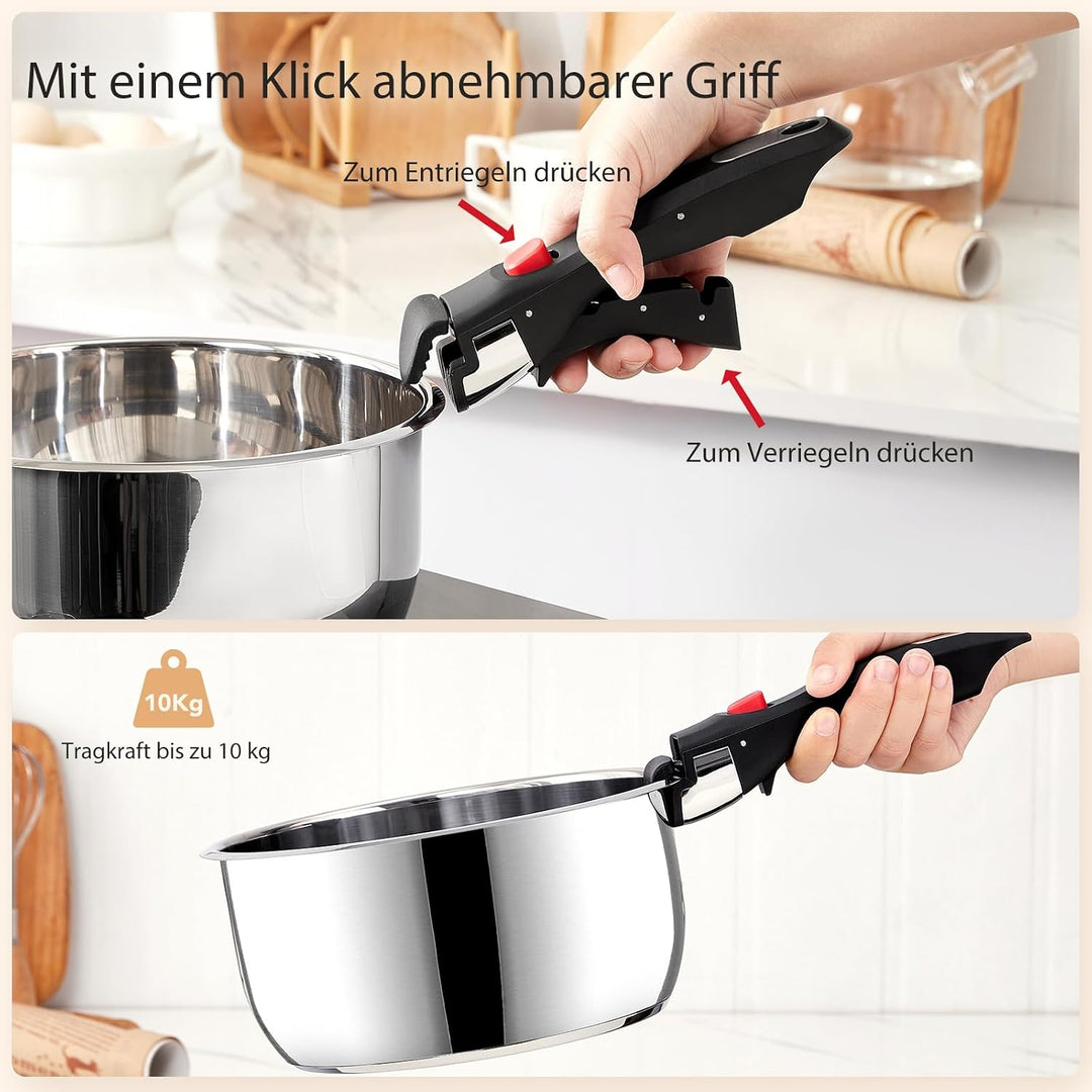 Töpfe und Pfannenset mit Abnehmbarer Griff, 7-Teilig Topfsets Induktion | Edelstahl PFAS-freie Antih