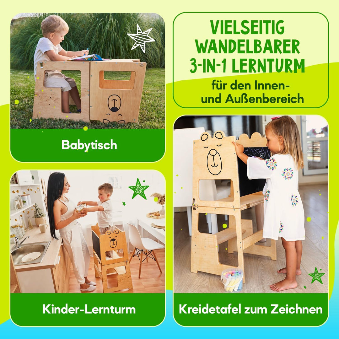 KAUZA Lernturm für Kinder ab 1 Jahr Klappbar, 3 in 1 Montessori Learning Tower, Kippschutz Kinderhoc