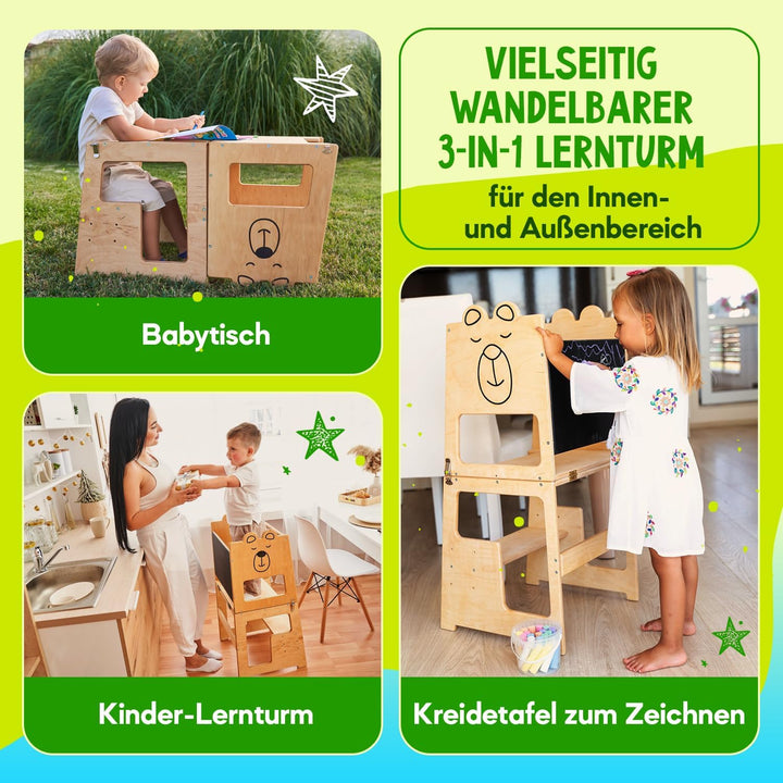 KAUZA Lernturm für Kinder ab 1 Jahr Klappbar, 3 in 1 Montessori Learning Tower, Kippschutz Kinderhoc