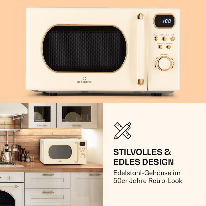 Klarstein Mikrowelle mit Grill, 800 Watt Mikrowelle Klein, 3-in-1Edelstahl-Mikrowelle Creme, Kleine