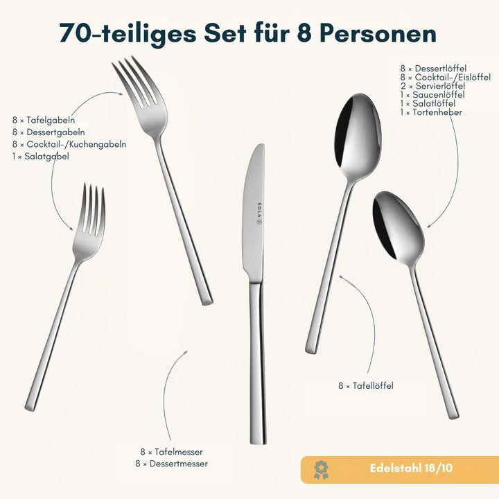 Sola Luxor Besteck Set - 8 Personen Essbesteck - 70 Teilig, 18/10 Rostfreiem Stahl - Robustes & Eleg