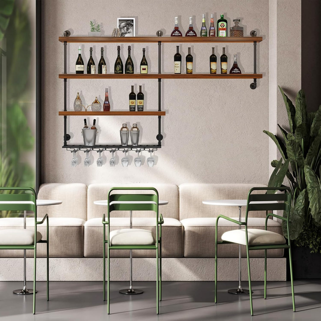 80cm Weinregal Zur Wandmontage mit Wein Glashalter, Massivholz Wandmontierte Weinregal mit LED-Licht