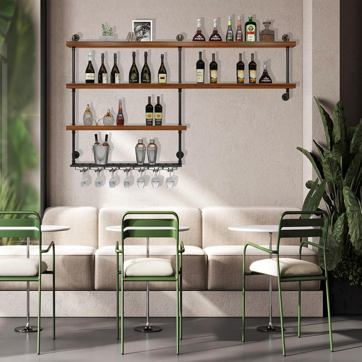80cm Weinregal Zur Wandmontage mit Wein Glashalter, Massivholz Wandmontierte Weinregal mit LED-Licht