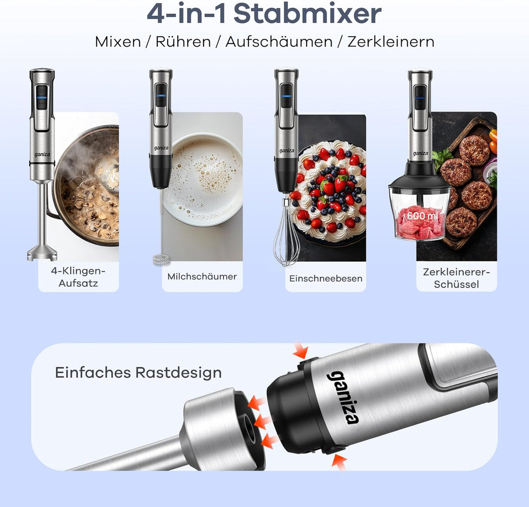 Ganiza Pürierstab 5-en-1, 1200W Stabmixer mit Geschwindigkeitsregelung & Turbo-Modi, Edelstahl Hand