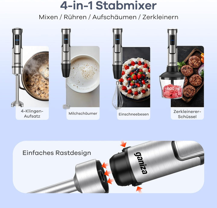 Ganiza Pürierstab 5-en-1, 1200W Stabmixer mit Geschwindigkeitsregelung & Turbo-Modi, Edelstahl Hand