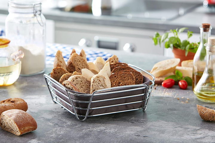 blomus -DELARA- Brotkorb L aus verchromtem Stahl, Magnet, Baumwoll-Stofftasche, trendiges und modern