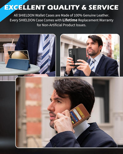 SHIELDON Hülle für Galaxy Z Fold 5 5G, Schutzhülle Echtleder [Ständer] [S Pen Halter] [Kartenfach] [