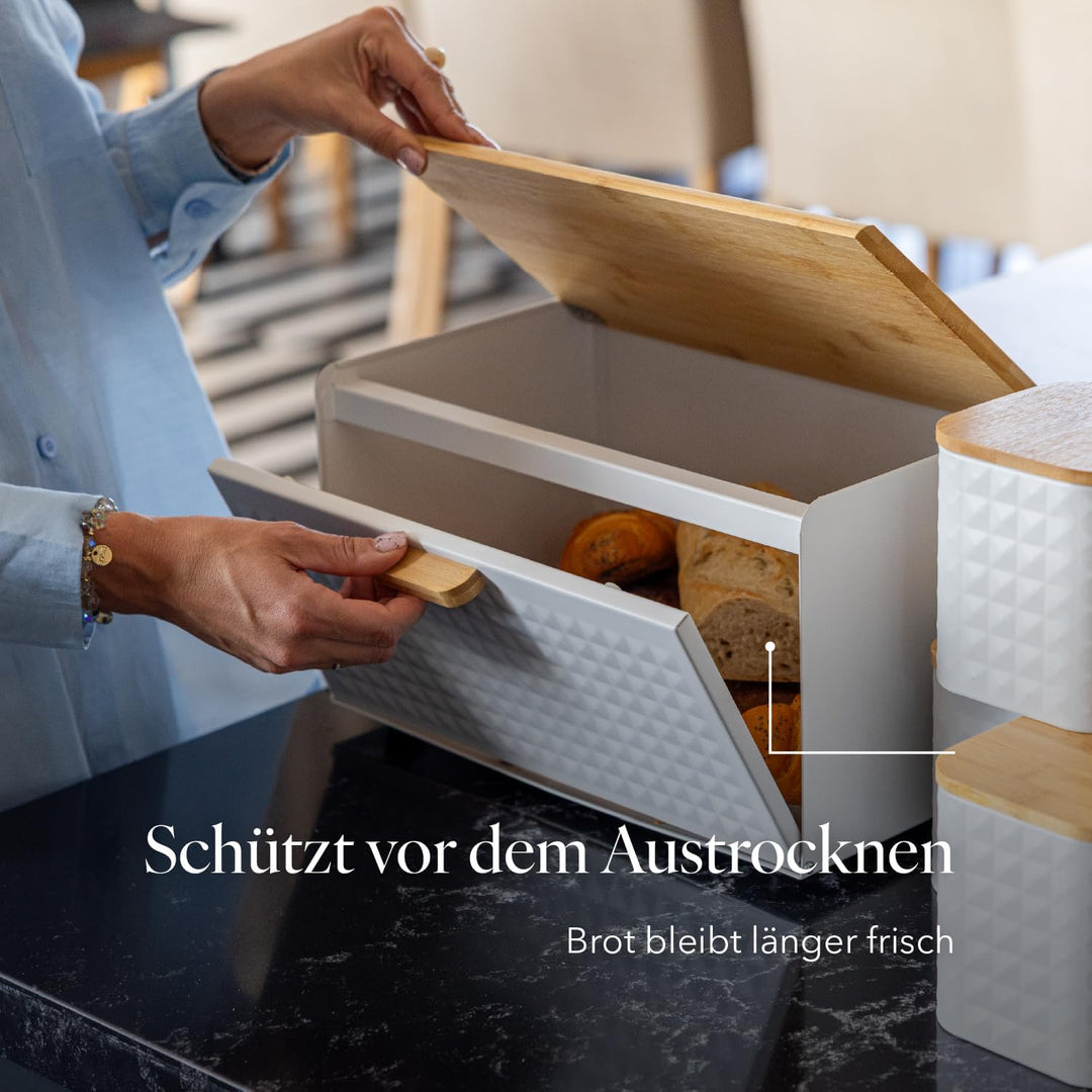 FLORINA Brotkasten inkl. 3-er-Set Aufbewahrungsdosen CUBE I Brotbox aus Stahl und Bambus-Deckel I Ge