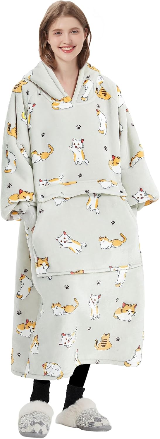 KFUBUO Tragbare Decke Hoodie für Erwachsene Sherpa Alle Muster Katze Übergrosse Sweatshirt Decke mit