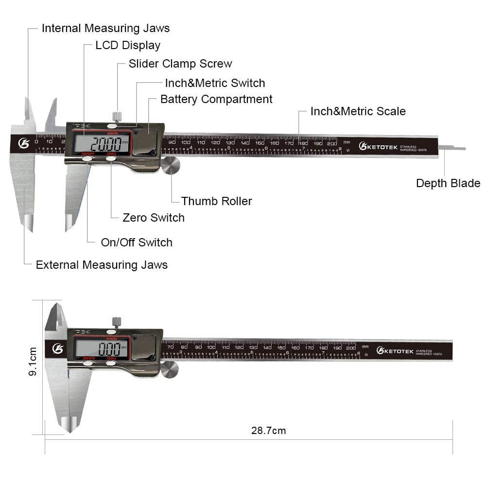 KETOTEK Messschieber Digital, Schieblehre IP54 Wasserdichter, 200mm Messschieber aus Edelstahl, Mikr