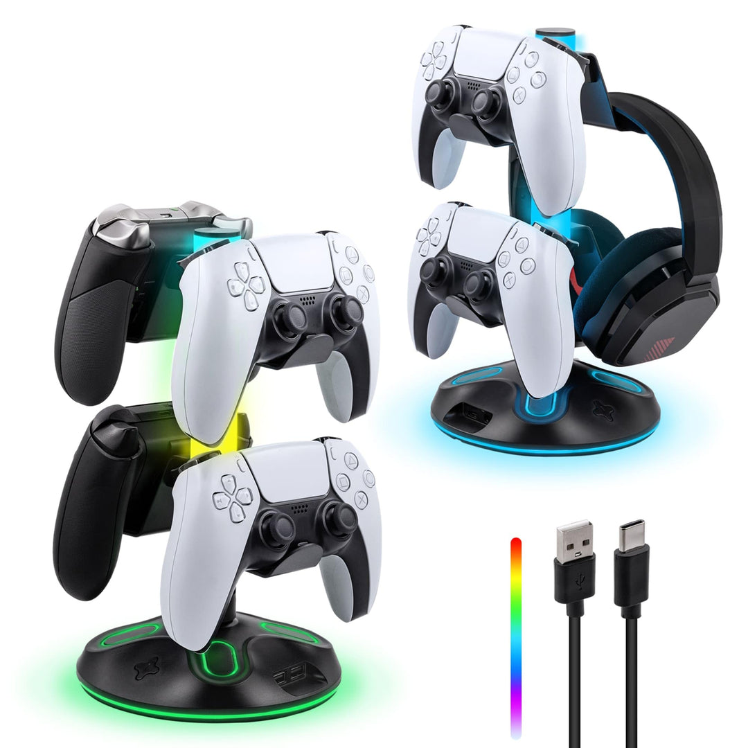 RGB Gaming Kopfhörer Ständer mit 9 Lichtmodi，Controller Halter Schreibtisch,Headset Halterung mit 2