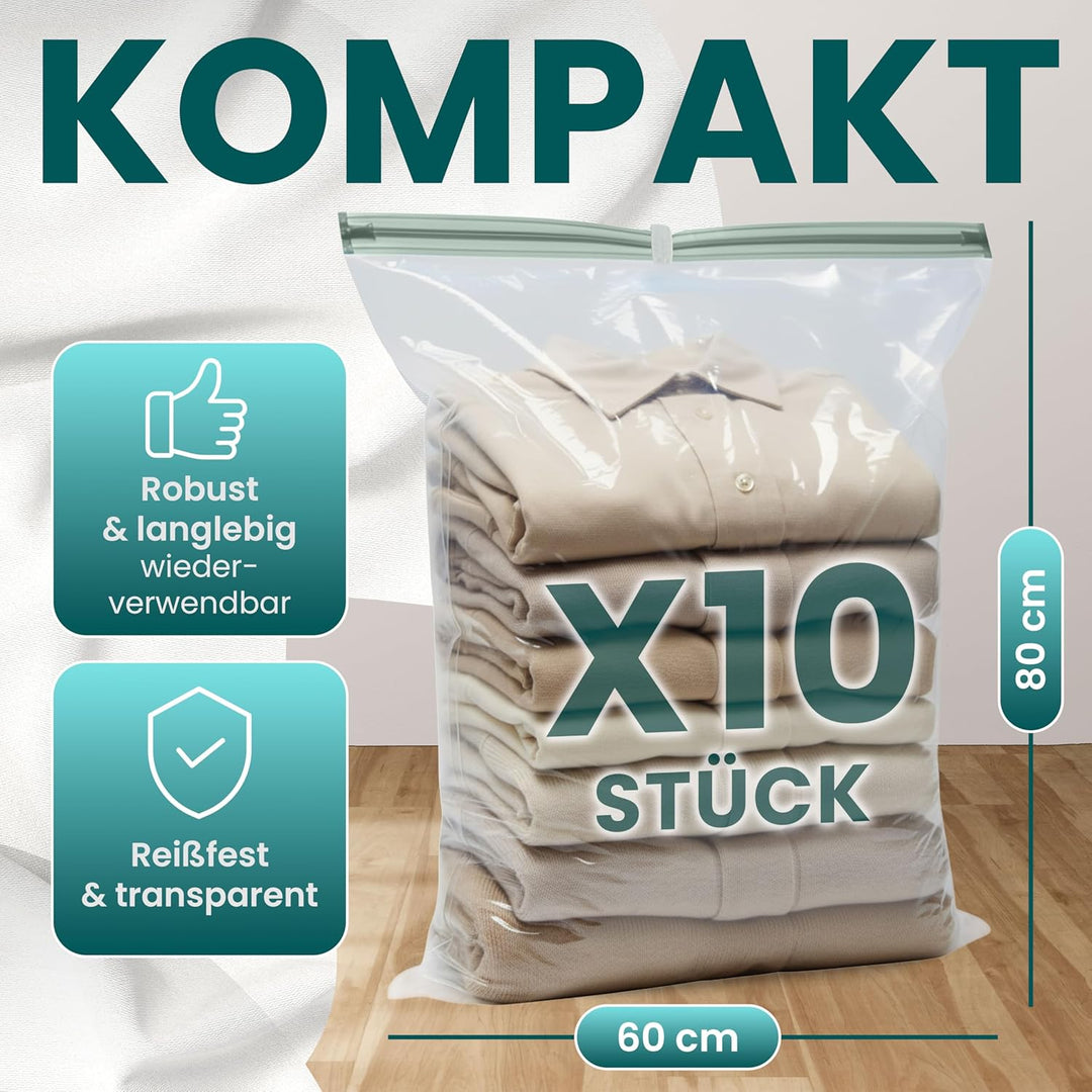 myHodo Vakuumbeutel für Kleidung (10 Stück 60x80 cm), Wiederverwendbare Aufbewahrungsbeutel zur Aufb