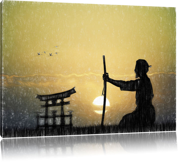 Pixxprint Alter Samurai-Meister vor Horizont Kunst Buntstift Effekt, Format: 100x70 auf Leinwand, 10