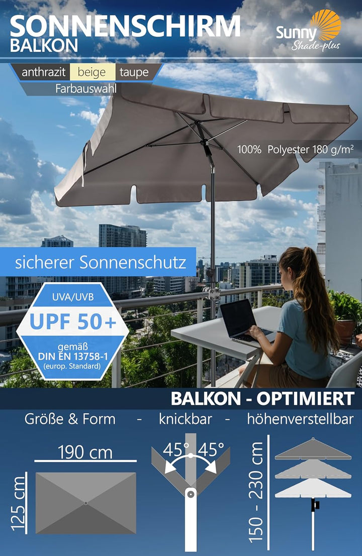 4smile Sonnenschirm Balkon SunnyShade, Sonnnenschutz Balkon SET 3-in-1, Taupe - UV50+ SunnyGuy Sonne