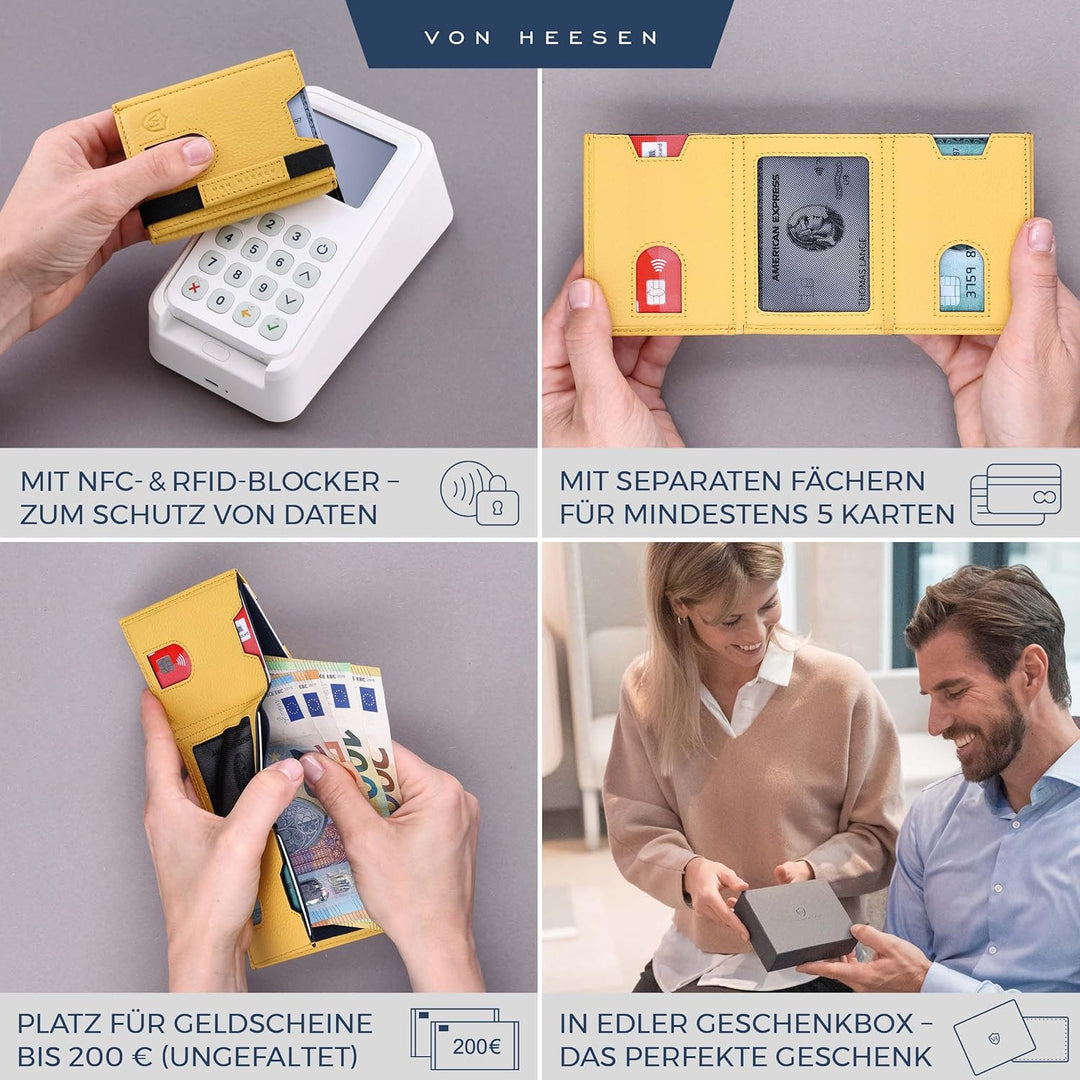 VON HEESEN Slim Wallet mit XL Münzfach & RFID-Schutz - Leder Geldbeutel - Mini Geldbörse für Herren