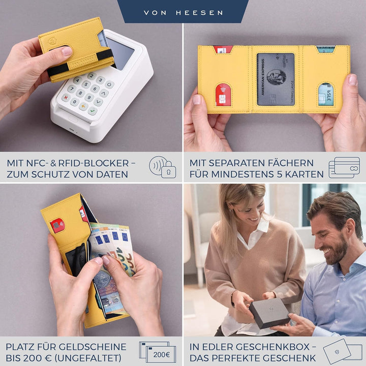 VON HEESEN Slim Wallet mit XL Münzfach & RFID-Schutz - Leder Geldbeutel - Mini Geldbörse für Herren
