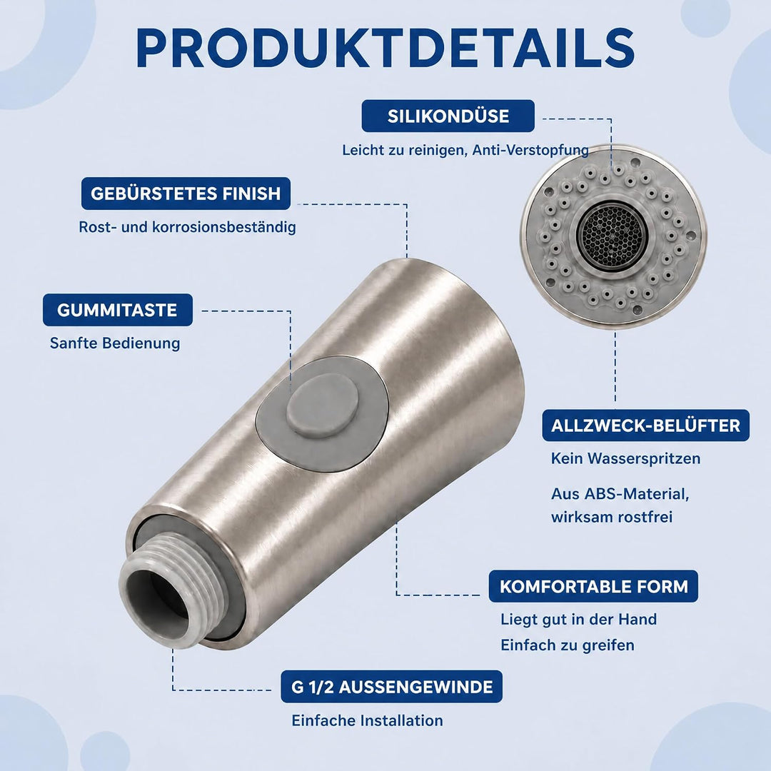 Küchenarmaturen Ersatz Brausekopf, 2 Strahlarten 1/2" IPS-Gewinde Ersatz Brause für Küchenarmatur, K