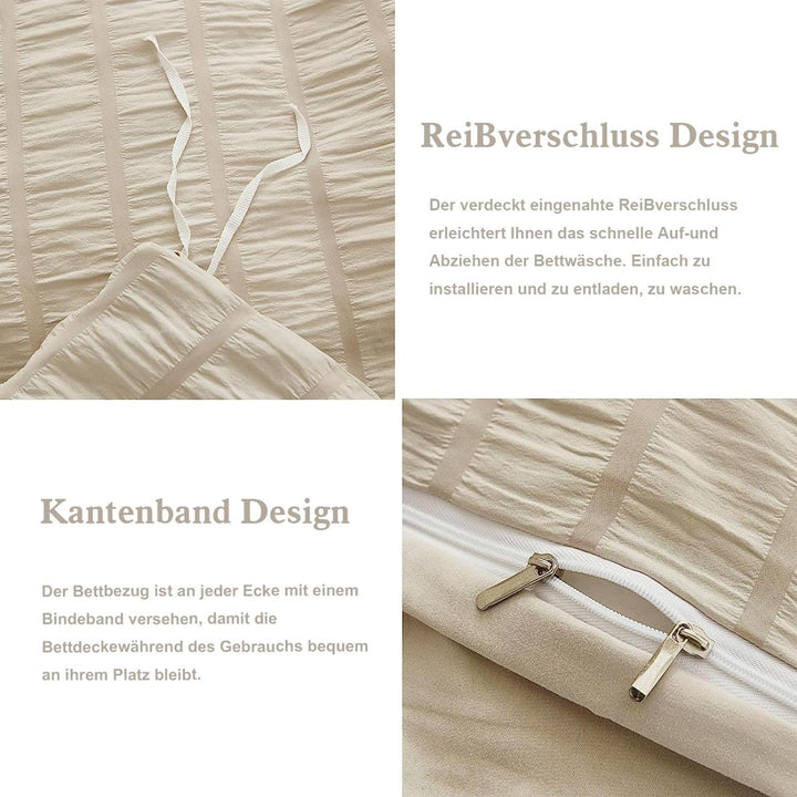 Freyamy Seersucker Bettwäsche 200x200cm 3teilig Beige Geprägt Streifen Strukturiert Bettwaren-Sets U