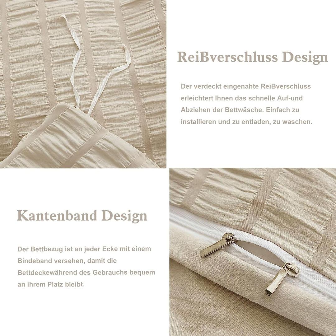Freyamy Seersucker Bettwäsche 135x200cm 2teilig Beige Geprägt Streifen Strukturiert Bettwaren-Sets U