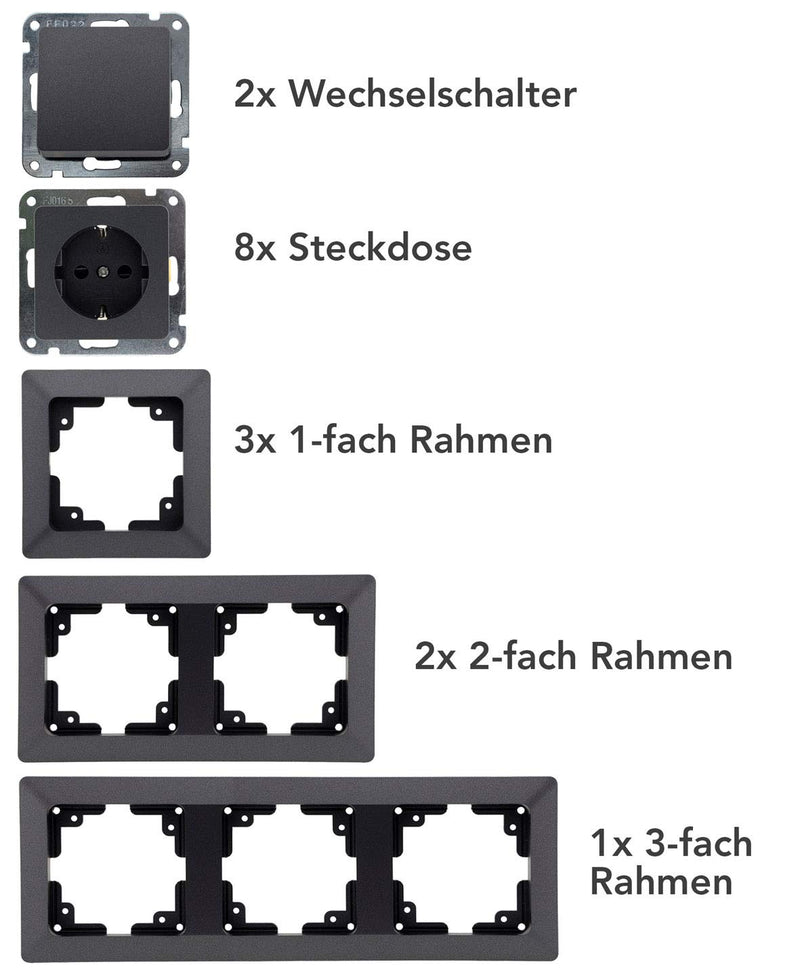 MILOS Steckdose Schalter Set - 8x Steckdose 2x Schalter Klemmanschluss I 10 Unterputz Komponenten mi