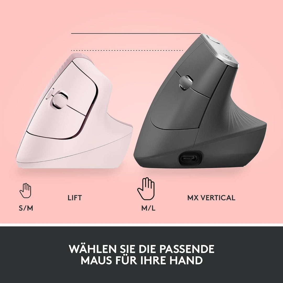 Logitech Lift Vertikale Ergonomische Maus, Kabellos, Bluetooth oder Logi Bolt USB-Empfänger, Leise K