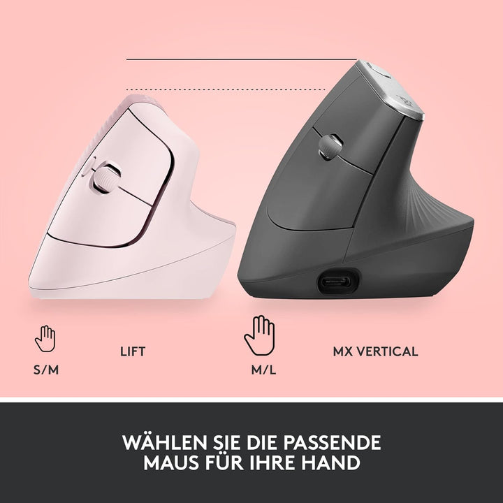 Logitech Lift Vertikale Ergonomische Maus, Kabellos, Bluetooth oder Logi Bolt USB-Empfänger, Leise K