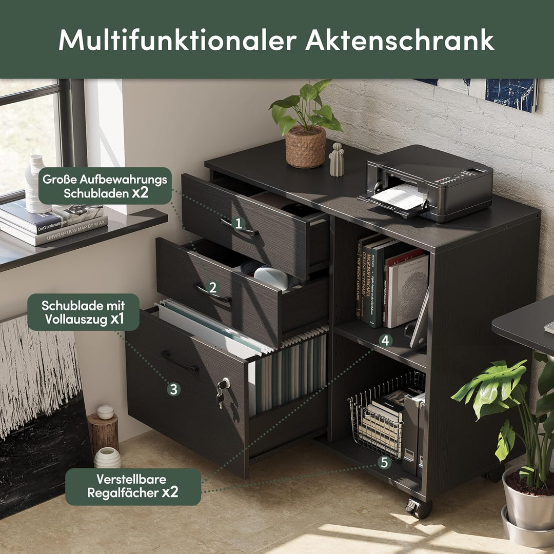 FEZIBO 3-Schubladen-Mobiler Aktenschrank, Seitenschrank mit Schloss, Druckerständer mit offenen Abla