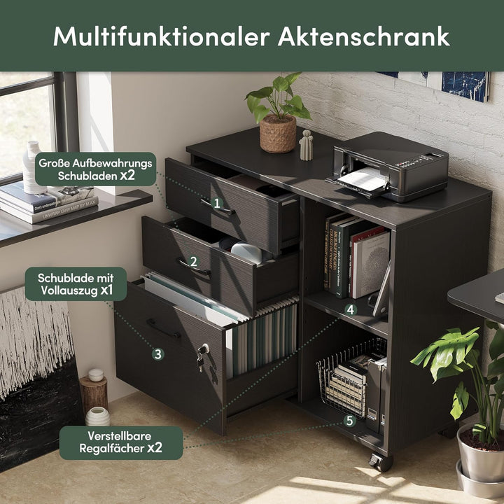 FEZIBO 3-Schubladen-Mobiler Aktenschrank, Seitenschrank mit Schloss, Druckerständer mit offenen Abla