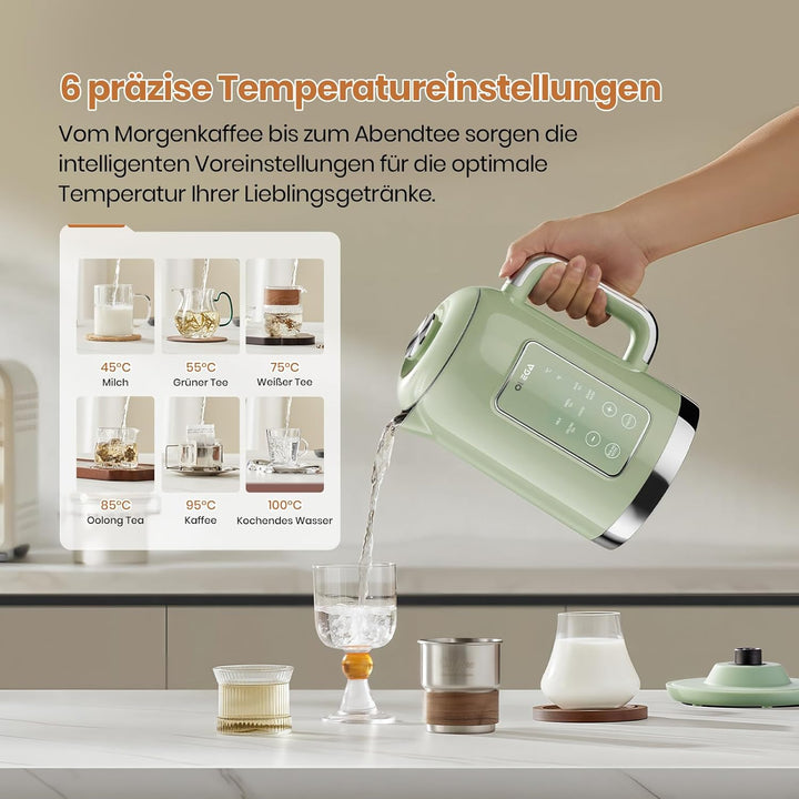 OLEGA Wasserkocher: 1800 W Wasserkocher mit Temperaturregelung, 1,5 l Fassungsvermögen, Edelstahl, S